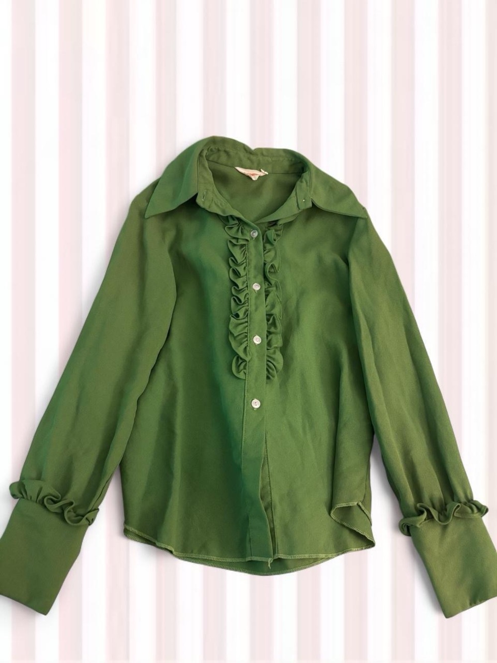 Green Ruffle-Front Long-Sleeve Blouse
